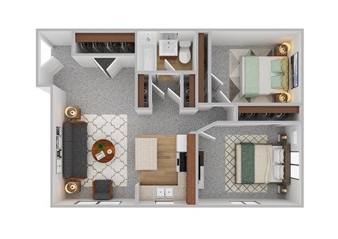 a 3d floor plan of a bedroom with a bathroom and a living room
